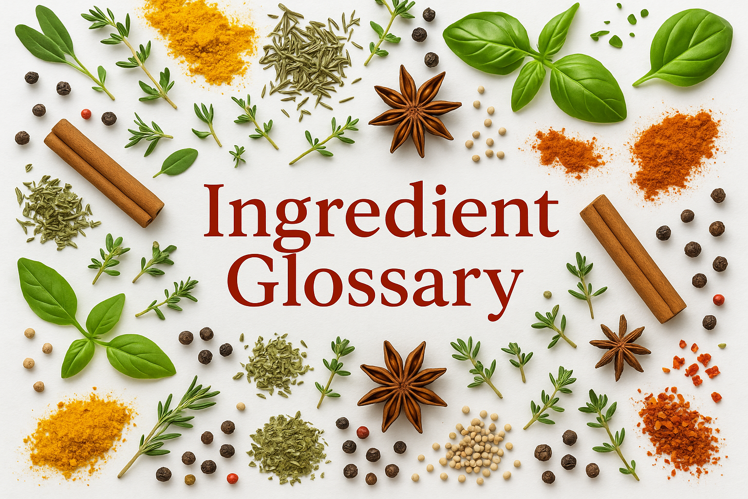 Herbs and spices with red writing saying Ingredient Glossary